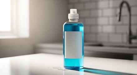 Cleansing in the Light: A vibrant, turquoise liquid soap bottle sits on a sleek countertop in a contemporary setting, bathed in soft, natural illumination.