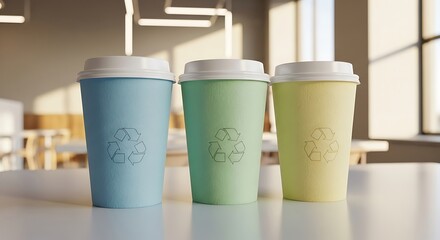 Eco-Friendly Beverage Cups: Three pastel-colored beverage cups featuring the recycling symbol. Perfect for showcasing sustainability and environmentally friendly practices.