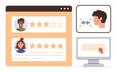 Profile reviews with star ratings, face recognition technology, and screen interactions. Ideal for identity verification, satisfaction surveys, customer support, user feedback, rating systems, online
