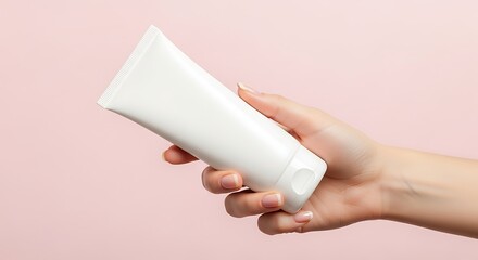 Embrace of skincare: A hand delicately holds a minimalist white tube, hinting at the promise of gentle skincare and personal wellness.