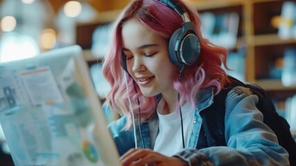 A cheerful young woman is smiling as she uses her laptop computer. She has pink hair and wears headphones.