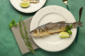 Plate with delicious cooked seabass fish, lime slice and rosemary on green grunge background