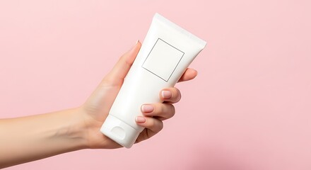 Beauty Product: A hand delicately presents a minimalist tube against a vibrant backdrop, embodying the essence of beauty and care. A sleek design showcases the product.
