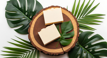 Artisan Soap and Botanical Elegance: Top-down shot of artisanal soaps artfully arranged atop a rustic wooden slice, complemented by lush tropical leaves, showcasing the beauty of natural ingredients.