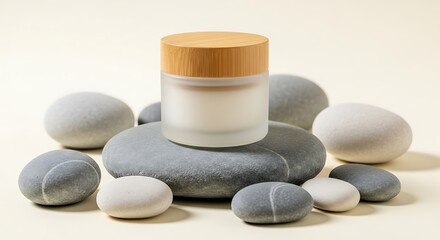 Beauty Balm on Stones: A minimalist composition featuring a sleek jar of beauty balm, artfully arranged atop a cluster of smooth stones, exuding a sense of natural tranquility.