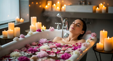 Serene Bathing Ritual: A tranquil woman relaxes in a flower-filled bath illuminated by the soft glow of candlelight. The scene is a peaceful escape, perfect for relaxation and rejuvenation.