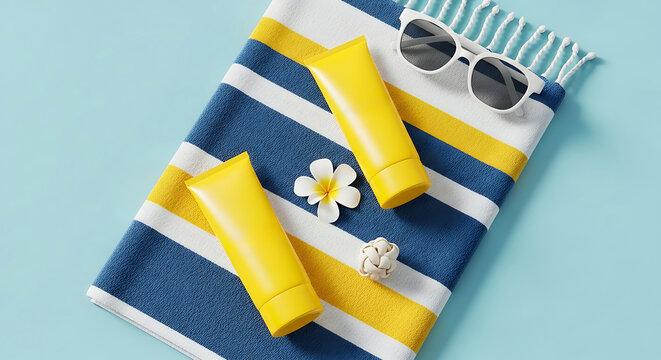 Beach essentials: The shot captures the essence of summer, with vibrant beach towel, sunscreens, stylish sunglasses. A reminder of sun-kissed days, relaxation, and care-free enjoyment.