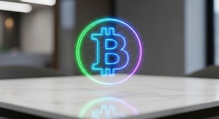 Bitcoin Symbol on Table: Illuminated Bitcoin symbol glows with neon lights, sitting prominently on a marble table, symbolizing digital currency and financial innovation.