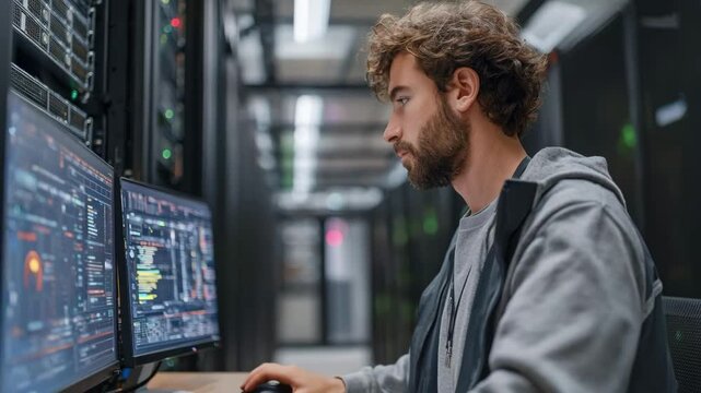 Focused medium shot of an IT specialist monitoring server performance through AIpowered alert systems emphasizing proactive automated maintenance in a data center.