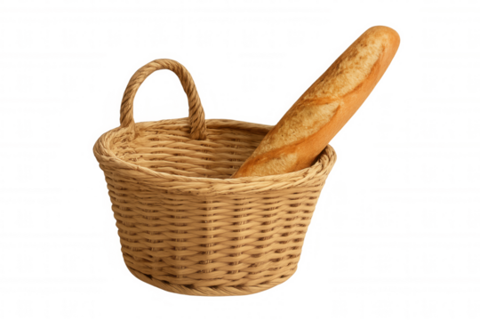 Baguette bread in a wicker basket, fresh baked food for breakfast, picnic, or market shopping, transparent background