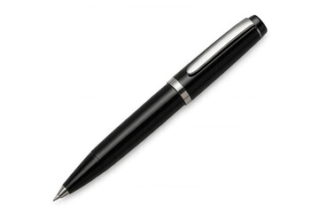 Black ballpoint pen with silver accents, writing instrument for business, office, and education, transparent background