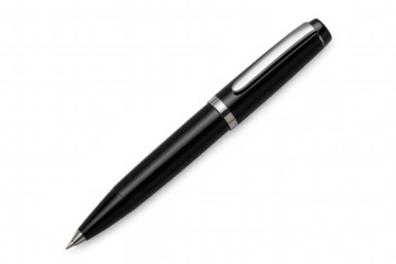 Black ballpoint pen with silver accents, writing instrument for business, office, and education, transparent background