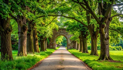 Obraz premium Arched Pathway Under Canopy: An idyllic pathway leading beneath a stunning arch, framed by a symmetrical array of trees, creating a tunnel of green and stone that beckons the viewer to wander through.