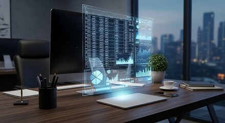 Digital Dashboard: A high-tech office workspace featuring a sleek monitor displaying complex data analysis and virtual charts and graphs, the image evokes the intersection of finance, technology.