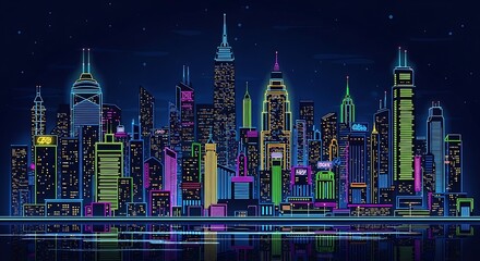 Obraz premium Neon Cityscape - A Vibrant Nighttime Skyline Illustration.