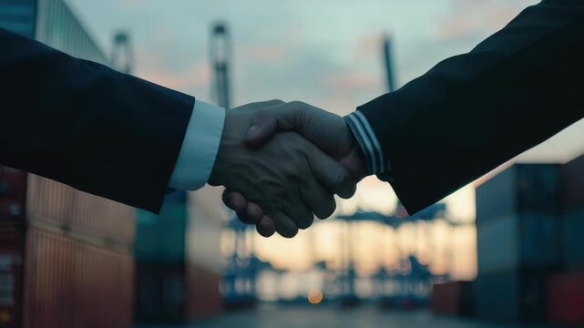 Two men shaking hands while standing near a dock with shipping containers and cranes in the background.