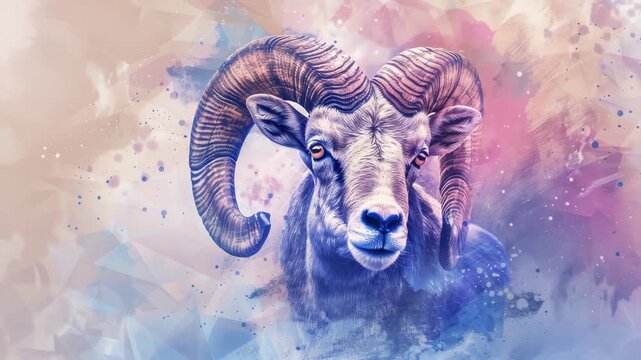 Stylish and vivid artwork of a ram with long horns against a colorful background.