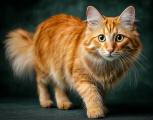 Adorable Ginger Tabby Cat Strutting Confidently Across a Dark Background, Showcasing Its Beautiful Fur and Captivating Eyes in a Playful Manner