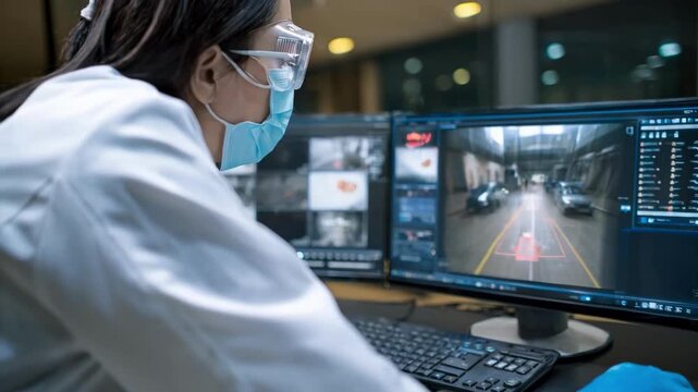 Medium shot of a forensic expert extracting video evidence from recorded CCTV streams for case documentation and review.