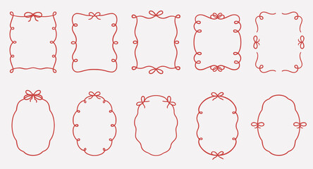 Whimsical wedding frame doodle set. Coquette boarders with bows and ribbons in sketch style. Hand drawn Vintage vector illustration for Valentine’s Day, wedding invitations.