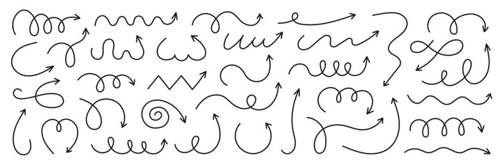 Squiggly arrows doodle set. Curve and Spiral comic symbols in sketch style. Hand drawn vector illustration isolated on white background