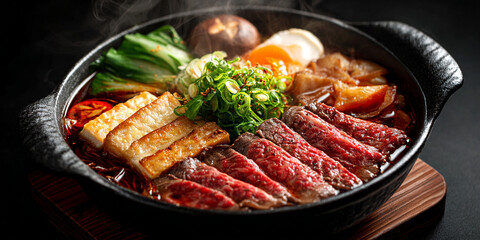 Sukiyaki in dish on black background