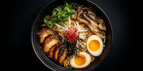Ramen in dish on black background