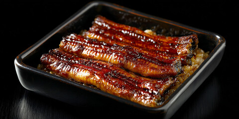 Unagi in dish on black background