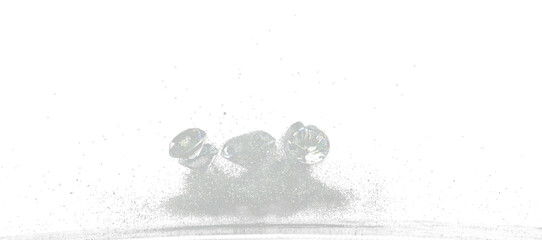 Diamond round cut in many size carat fly explosion with silver dust glitter. Crystal clear Diamond float in mid air with glitter silver diamond dust explode. Black background isolated