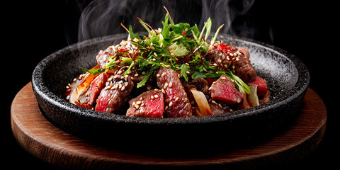 Yakiniku in dish on black background