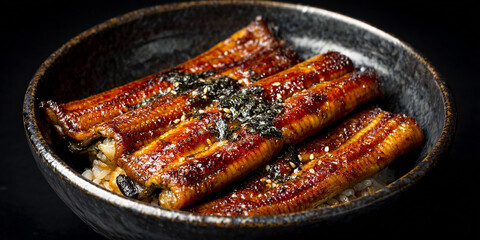 Unagi in dish on black background