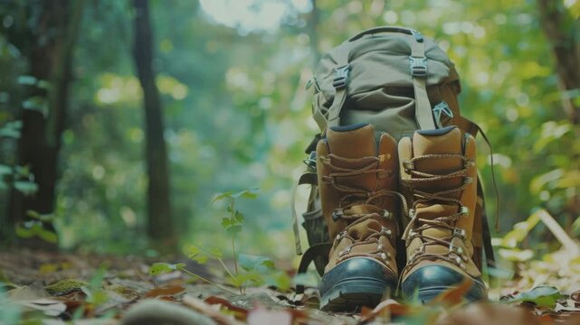 A brown backpack with hiking boots resting on it on a forest floor.