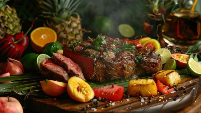 A mouth-watering platter of grilled meat, accompanied by a variety of colorful fruits and vegetables. Perfect for a summer barbecue or a special meal at home.