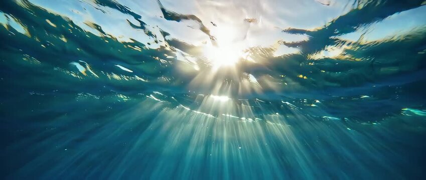 A serene and magical underwater shot of sunlight rays breaking through the water's surface. Creates a peaceful, hopeful, and ethereal mood. Clean and beautiful abstract background.