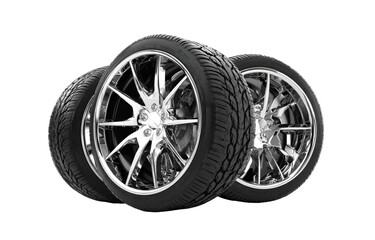 Obraz premium Chrome car wheels and tires. Two chrome alloy wheels with black tires are shown in close-up