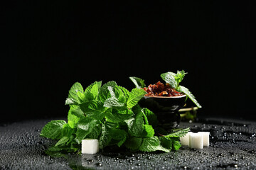 Hookah bowl of tobacco with sugar cubes and mint leaves on black background © Pixel-Shot