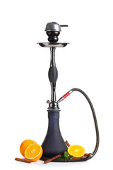 Modern hookah with oranges, cinnamon sticks and mint leaves on white background