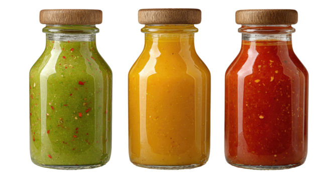 Three small glass bottles, topped with wooden lids, each filled with a different colored condiment.  The left bottle is filled with a vibrant green sauce.