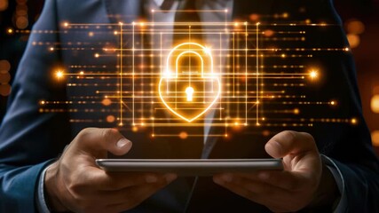 A businessman in a suit is holding a tablet displaying a glowing digital lock, symbolizing data security and protection against online threats. - Powered by Adobe