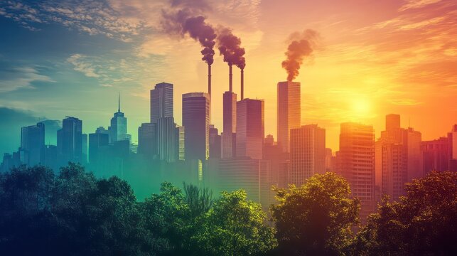 Industrial growth urban cityscape digital art sunset environment aerial view pollution awareness - Powered by Adobe