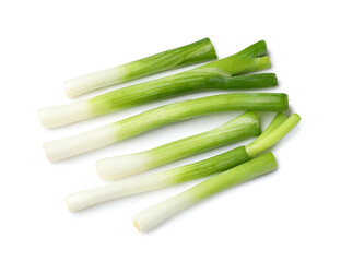 Pieces of fresh green onion on white background