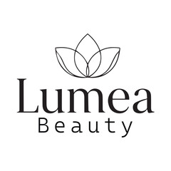 Minimalist black Lumea Beauty logo – elegant serif text with lotus flower line art for skincare branding, wellness design, and luxury beauty visuals.