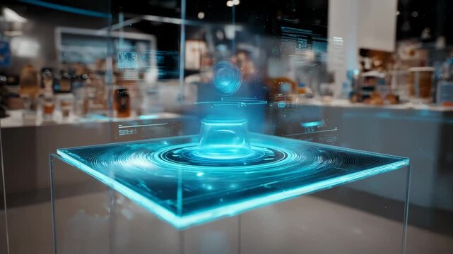 Medium shot showing a vibrant 3D hologram advertising scene with animated product visuals and interactive brand elements emphasizing cuttingedge marketing technology.
