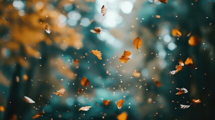 A bunch of leaves are falling from a tree