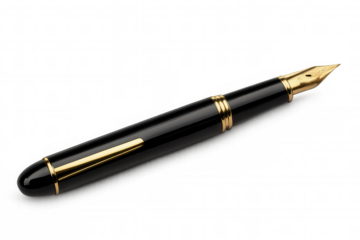 Luxurious black fountain pen with a golden nib and accents, representing writing, education, and business concepts