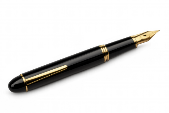Luxurious black fountain pen with a golden nib and accents, representing writing, education, and business concepts