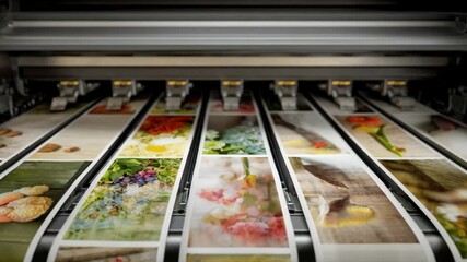 Dynamic medium shot of colorful mail pieces emerging from a printer each featuring unique offers and personalized visuals showcasing efficient personalization methods.