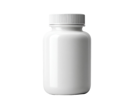 Blank white plastic pill bottle with a lid.  A simple, generic container, likely for supplements or medication.  Smooth, glossy surface.  Solid white color.  Rounded shape