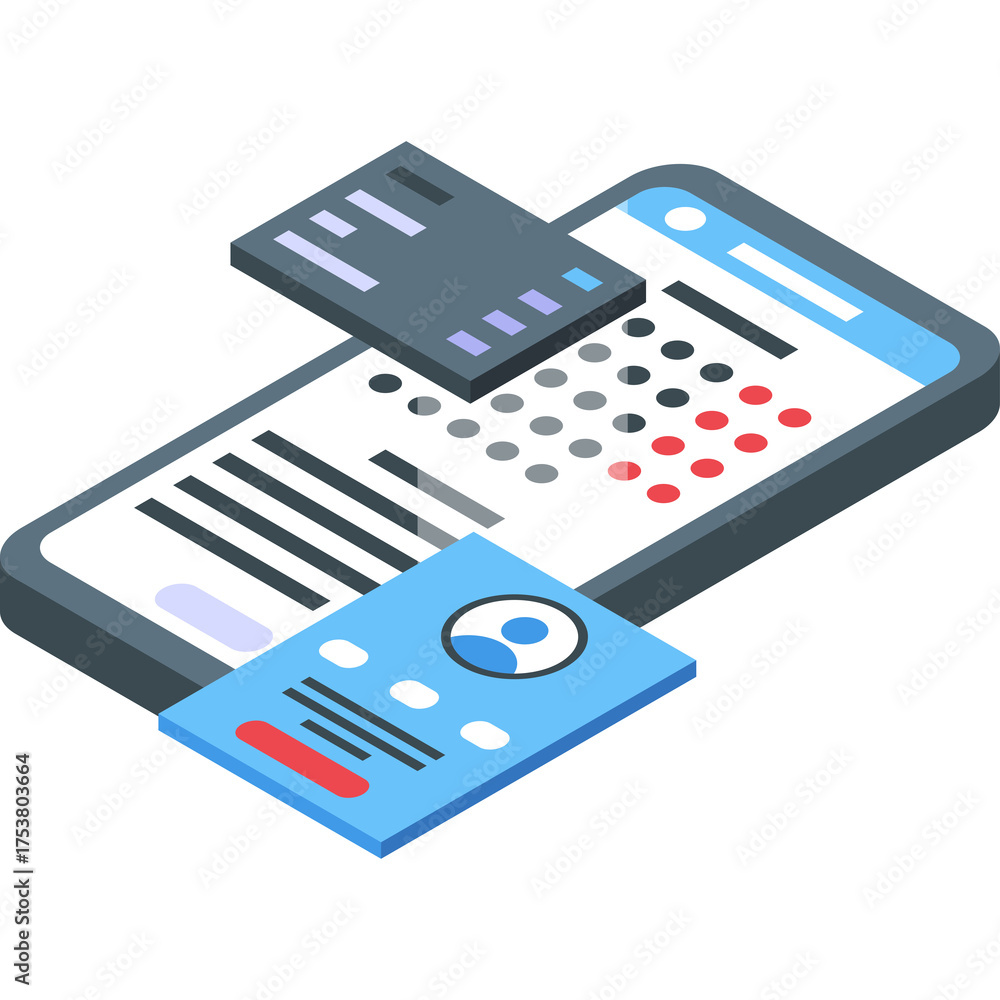 Wall mural isometric digital interface on a smartphone screen with calendar and profile cards representing mode