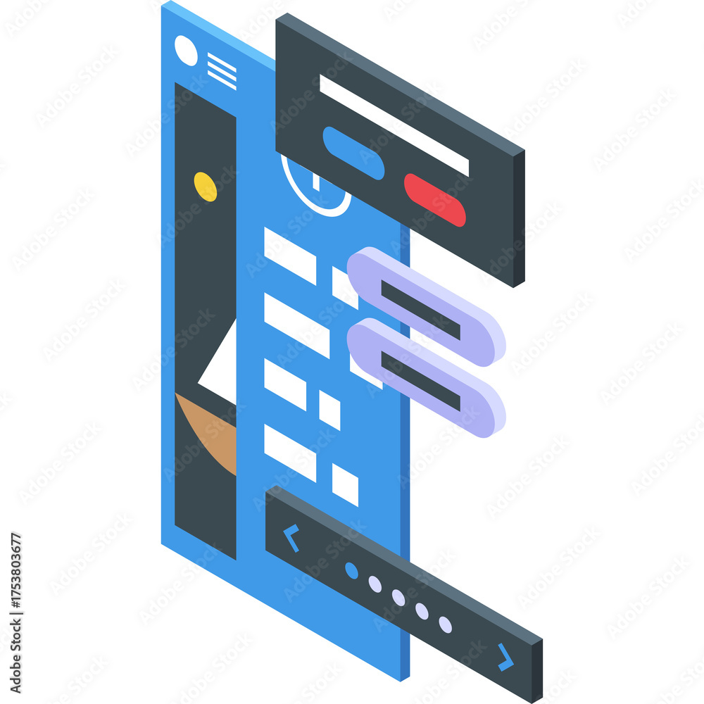 Wall mural Isometric digital interface with blue and white elements and abstract shapes on a transparent background representing technology and design concepts